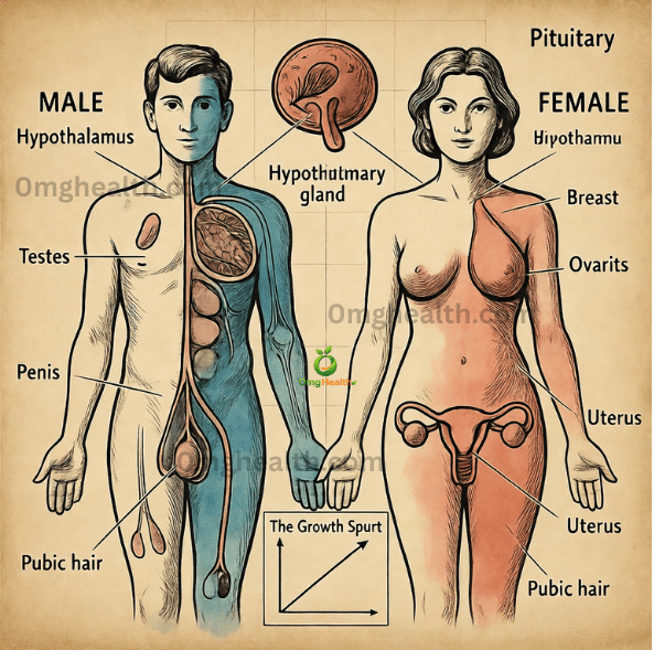 Puberty mein body changes dikhate hue teenage ladka aur ladki – physical aur emotional growth illustration