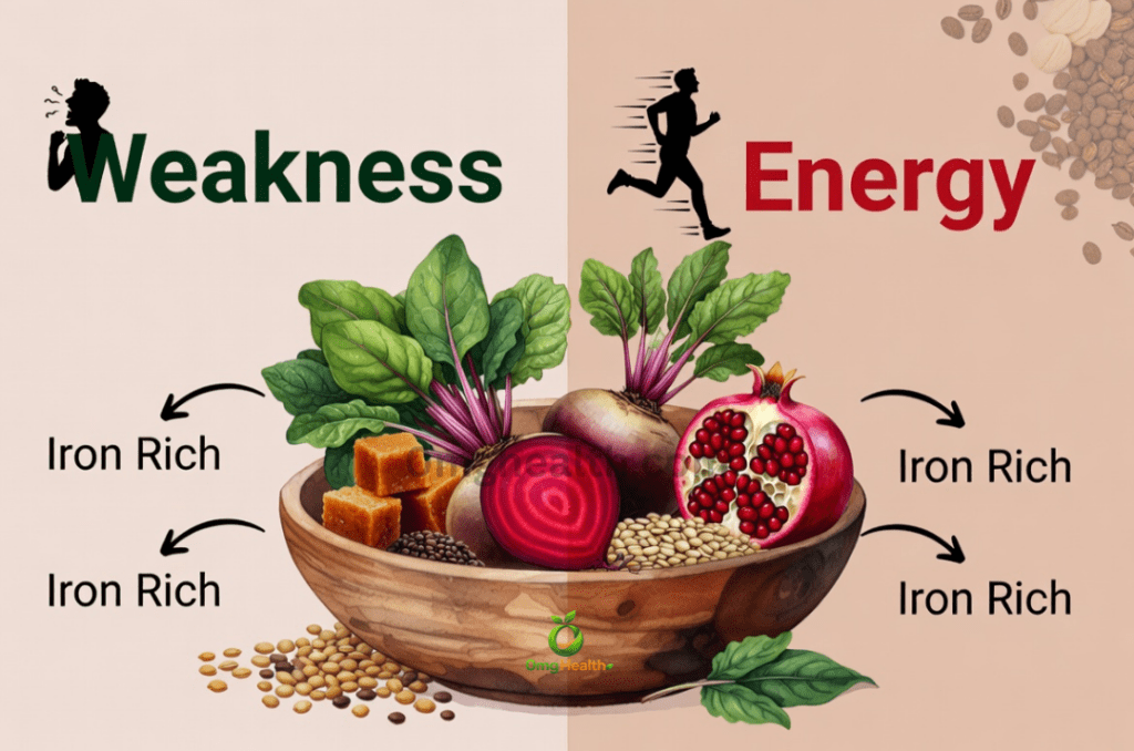 Iron deficiency ka ilaj dikhata hua image jisme palak, dal, gur, til aur amla jaise iron rich foods shamil hain