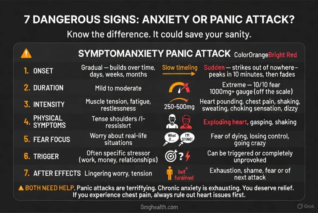 Panic attack relief techniques — 4-7-8 breathing 5-4-3-2-1 grounding Ayurvedic upay infographic
