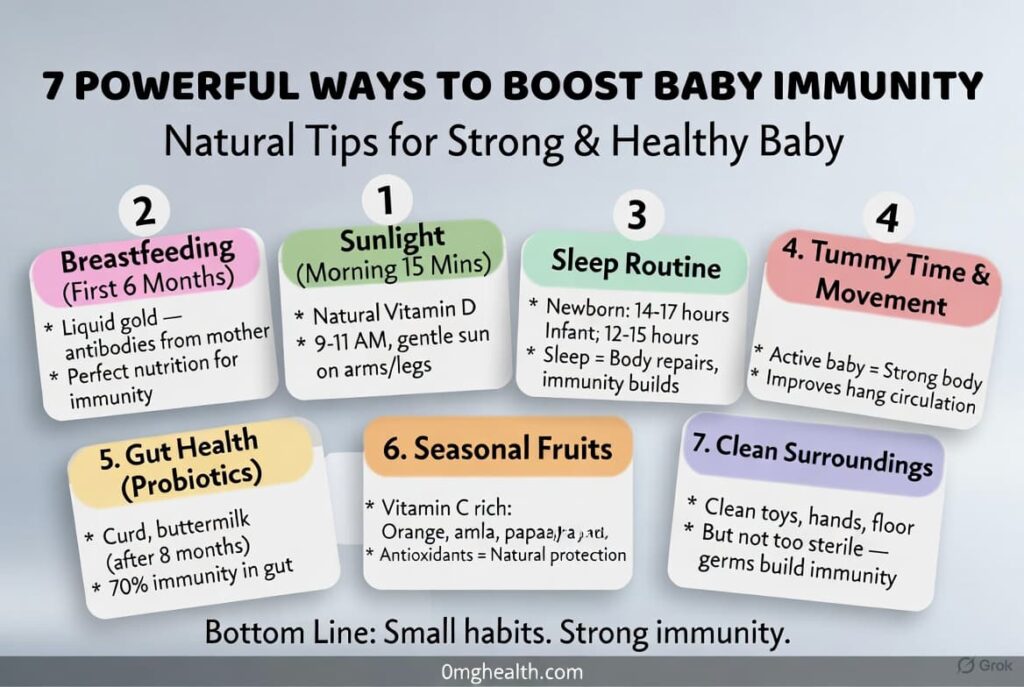 Before and after infographic showing a weak baby turning healthy and active through 7 baby immunity boosters like breastfeeding, sunlight, nutrition, sleep and hygiene, natural immunity for infants India.