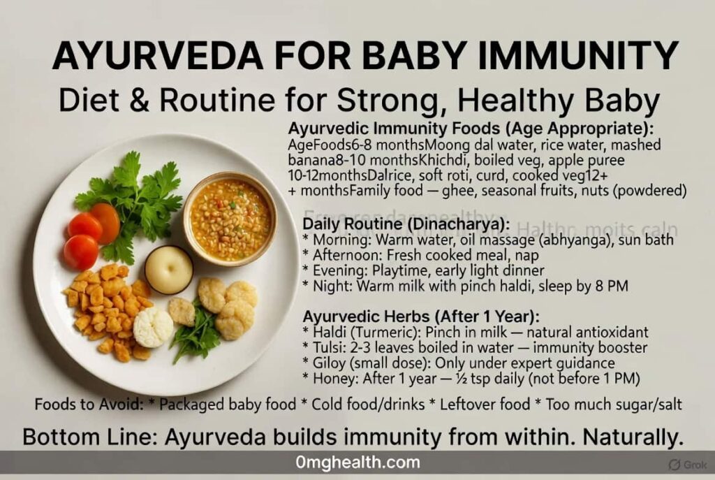Tree style infographic showing strong baby immunity roots including breastfeeding, sunlight, massage, sleep, homemade food, hygiene and parental care, helpful baby care tips for new parents.