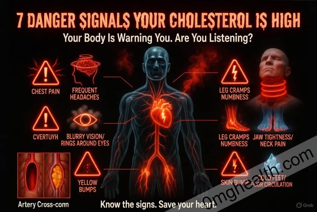 Cholesterol badhne ke lakshan infographic — skin patches chest pain aur warning signs