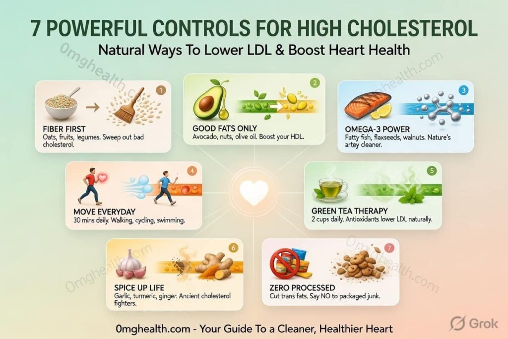 Cholesterol control diet chart — kya khayein kya avoid karein infographic Hindi