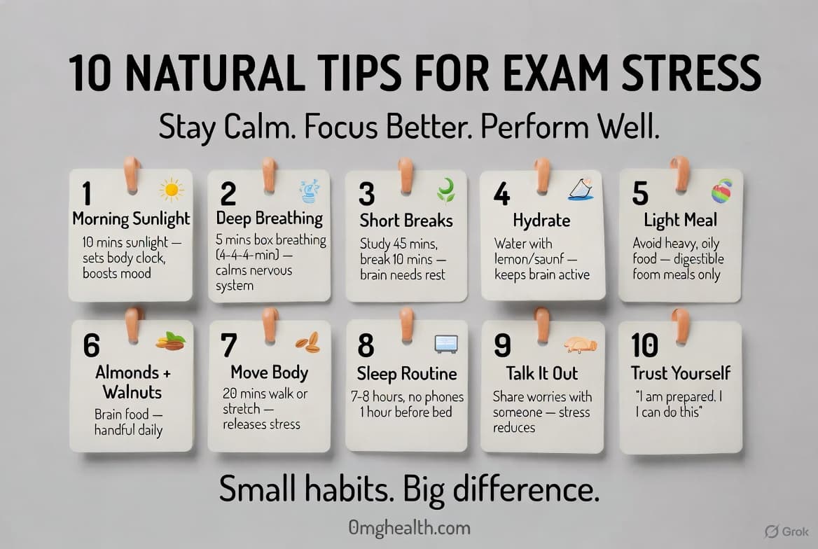 natural exam stress management methods for students including sleep meditation healthy diet and routine