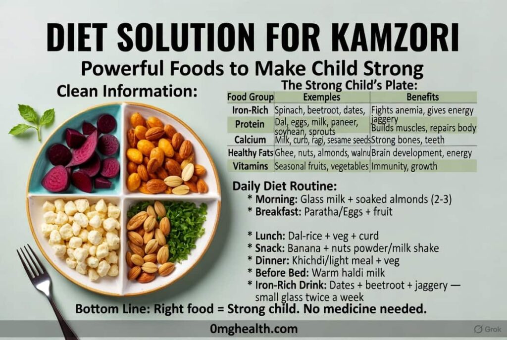 Step-by-step parenting infographic showing a weak child with bachon mein kamzori ke lakshan transforming into a healthy active child with proper diet, sleep routine and nutrition plan.