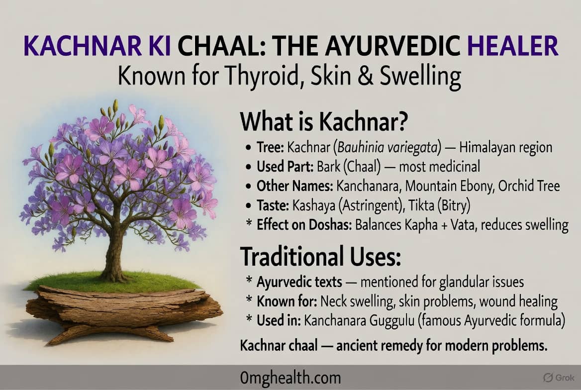 Kachnar Ki Chaal Ayurvedic infographic header with Orchid Tree branch, pink flowers, and bold mustard yellow title text on cream background