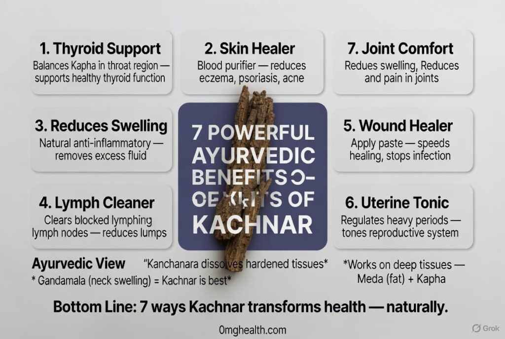 Ayurvedic infographic showing 7 health benefits of Kachnar Ki Chaal with burnt sienna icons and forest green text on cream background