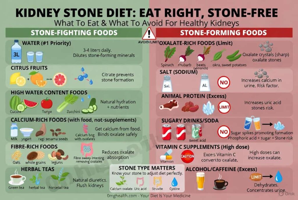 Kidney stone ghar par ilaj — kulthi dal nimbu paani coconut water infographic