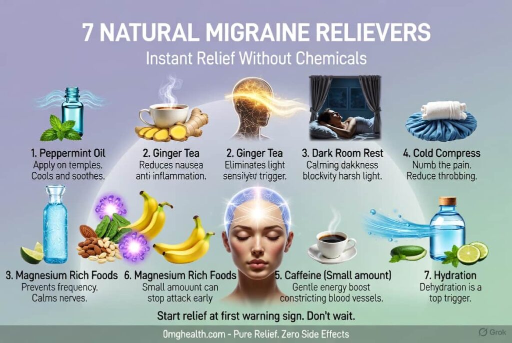 Migraine ke 4 stages — prodrome aura attack postdrome infographic Hindi