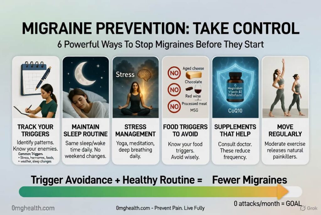Migraine ke Ayurvedic upay — adrak peppermint brahmi ashwagandha infographic
