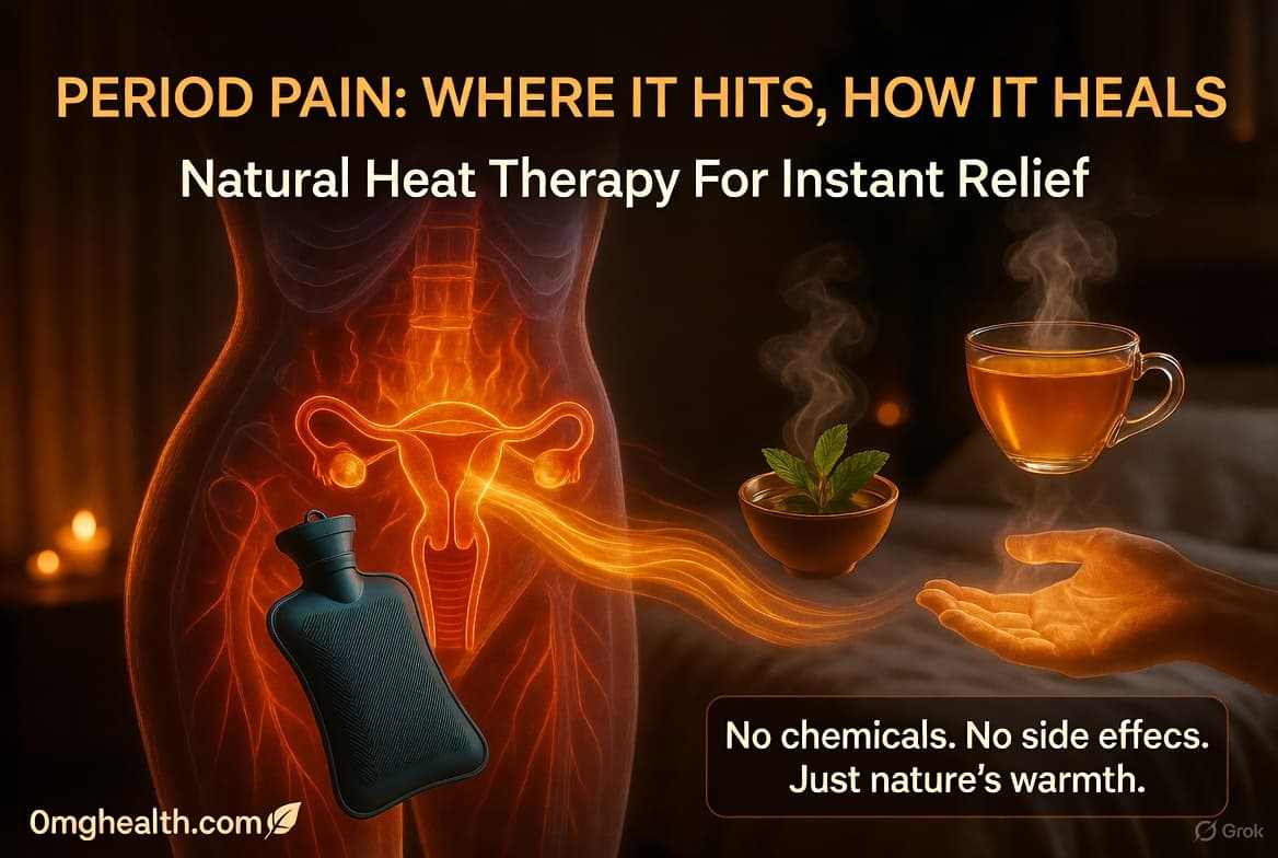 Period pain se relief ke natural tarike — heat therapy aur home remedies infographic Hindi