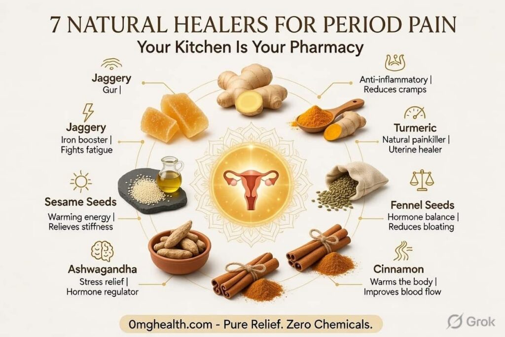 Period pain se relief diet chart — kya khayein kya avoid karein infographic Hindi