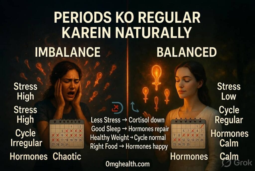 Ek pareshan mahila calendar dekhte hue soch rahi hai ki periods late kyun hote hain aur kya ye pregnancy hai ya stress.