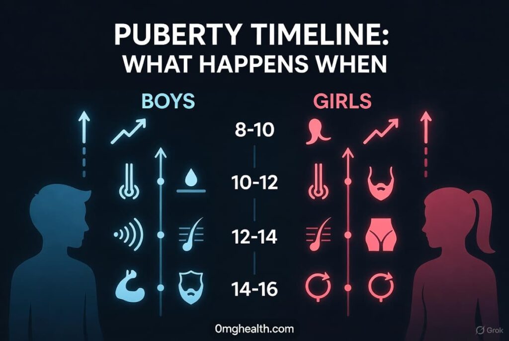 Ladke aur ladkiyon mein puberty ke physical changes ka comparison chart – height growth, hair growth, voice change aur periods