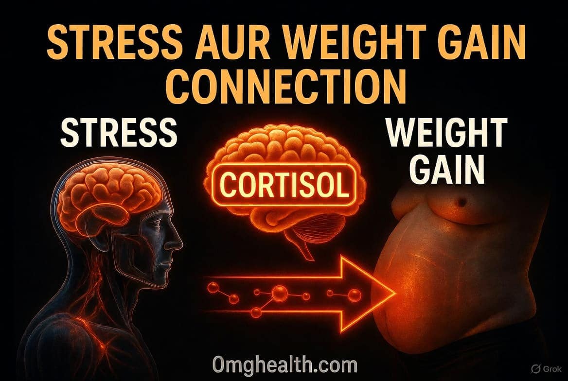 Stress mein pareshan vyakti aur belly fat highlight – cortisol hormone ke karan weight gain ka concept