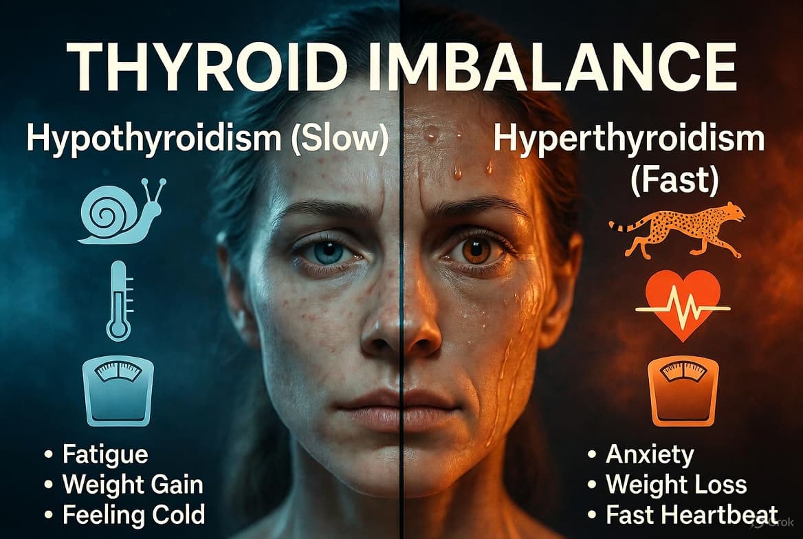 thyroid ke lakshan diagram showing hypothyroidism vs hyperthyroidism symptoms fatigue weight gain cold intolerance vs anxiety weight loss heat intolerance