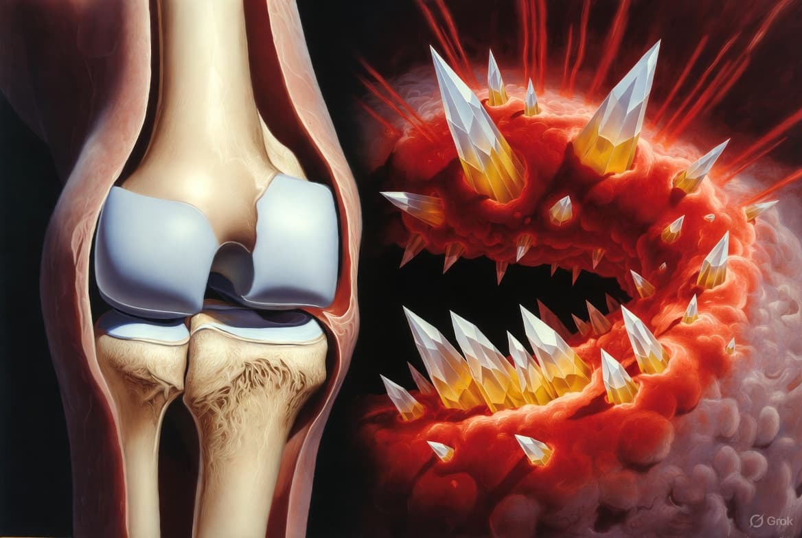 Medical infographic showing human body outline with 7 glowing red spots on big toe, ankle, knee, wrist, elbow, skin, and lower back, representing early warning signs of high uric acid before gout attack.