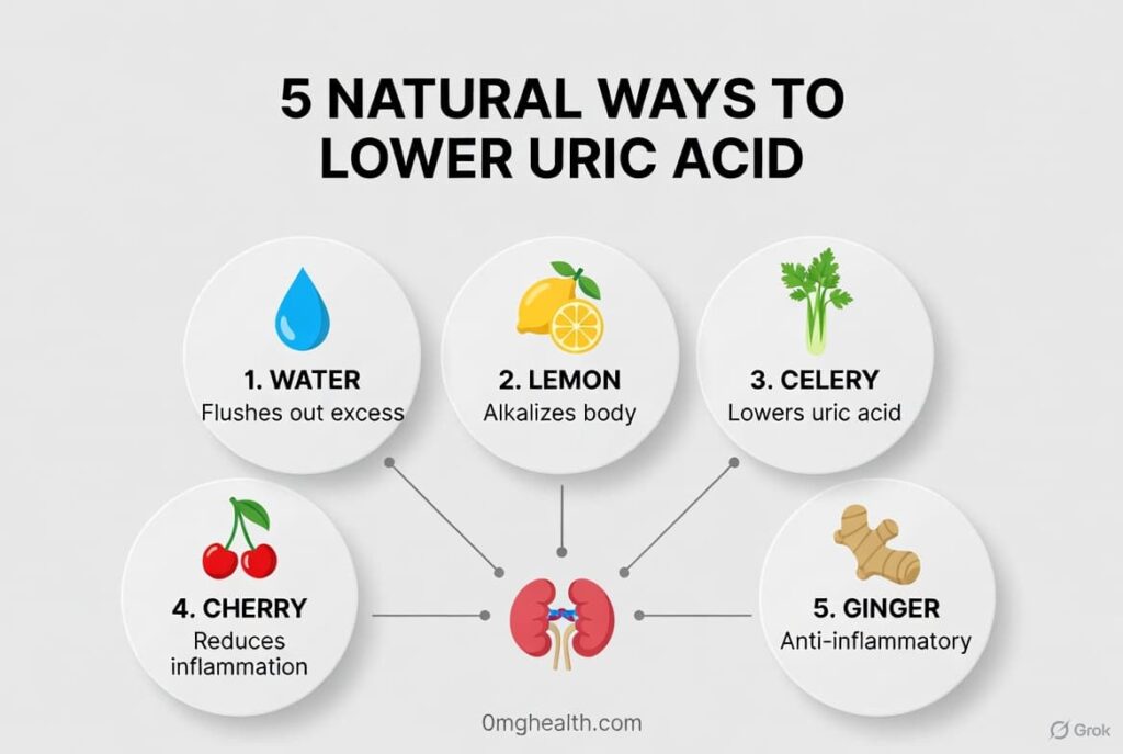 7-day Ayurvedic routine chart showing daily herbal remedies for high uric acid including Giloy, ginger, castor oil, turmeric, neem, Triphala, and Mahanarayan oil.