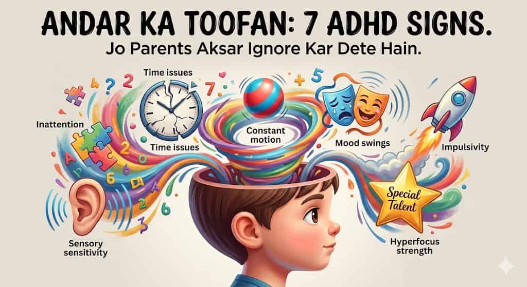 ADHD diet chart bachon ke liye — omega-3 iron zinc protein kya khilayein infographic