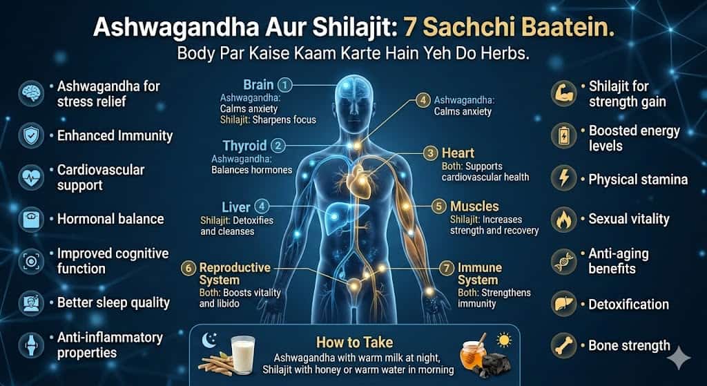 Ashwagandha aur Shilajit saath lena safe hai ya nahi ā dose, timing, side effects aur kiske liye avoid karein.