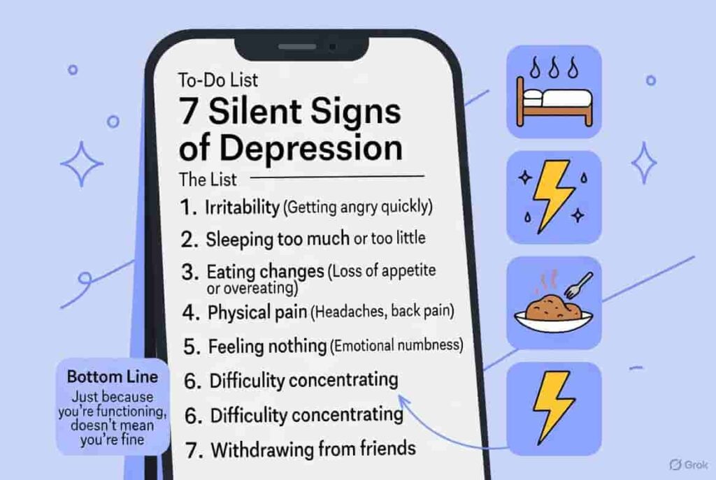 Depression ke types aur symptoms — MDD dysthymia postpartum seasonal infographic Hindi