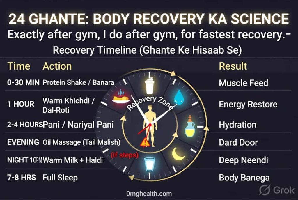 Gym recovery routine — rest days active recovery stretching sleep guide infographic Hindi