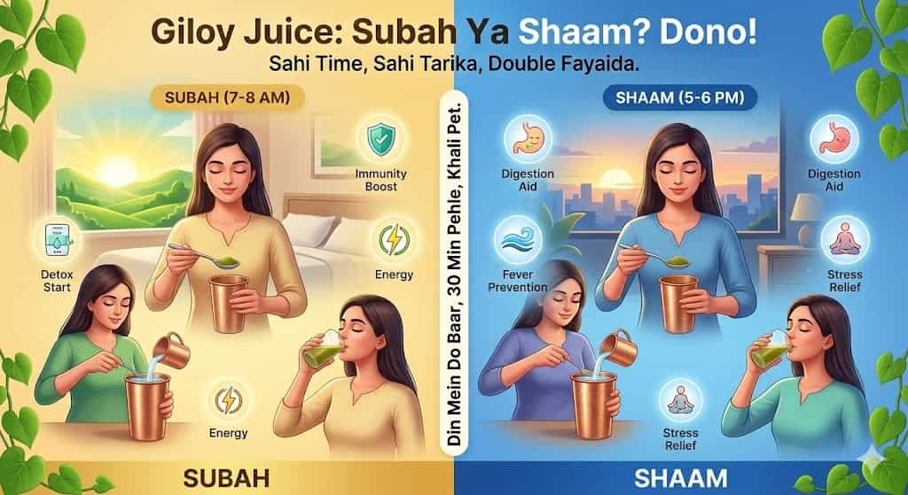 Subah khali pet best ā shaam second option ā khane ke baad avoid. Giloy juice peene ka sahi tarika complete chart Hindi mein.