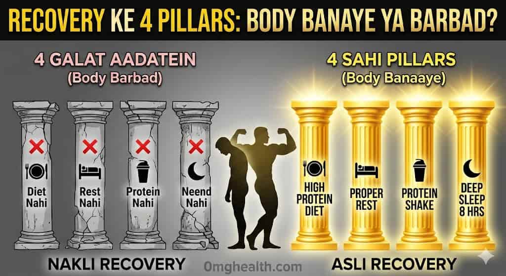 Post workout nutrition guide — protein carbs timing supplements Indian foods Hindi infographic