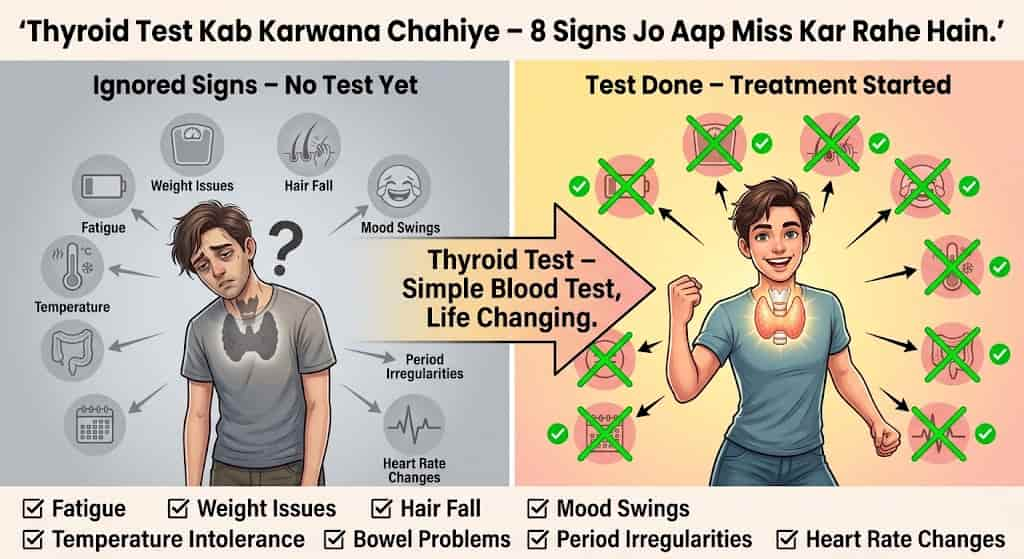 Left side labeled “Ignored Signs – No Test Yet” shows a person surrounded by 8 faded, grey symptoms: fatigue, weight issues, hair fall, mood swings, temperature intolerance, bowel problems, period irregularities, and heart rate changes.