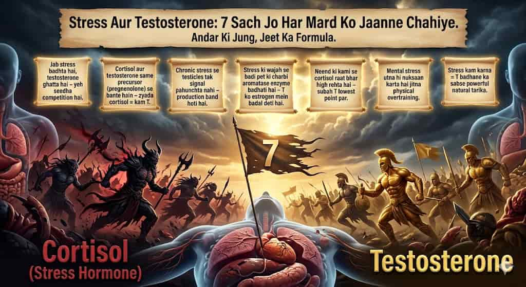 stress aur testosterone ka connection hindi — cortisol testosterone seesaw diagram