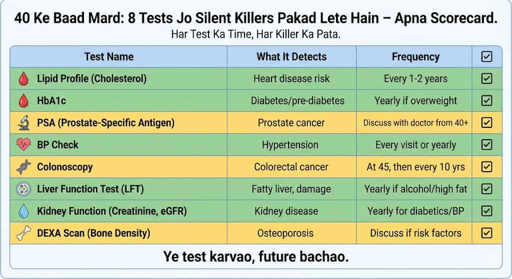 40 ke baad mard ki health check hindi annual package — testosterone PSA thyroid kidney tests cost