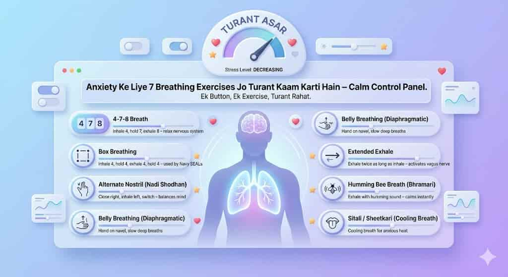 anxiety ke liye breathing exercises hindi daily routine chart — kab kaunsi technique use karein