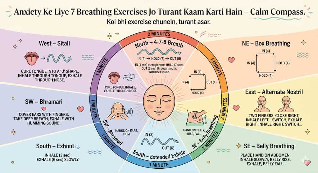 anxiety ke liye breathing exercises hindi — 7 techniques 4-7-8 box breathing diaphragmatic