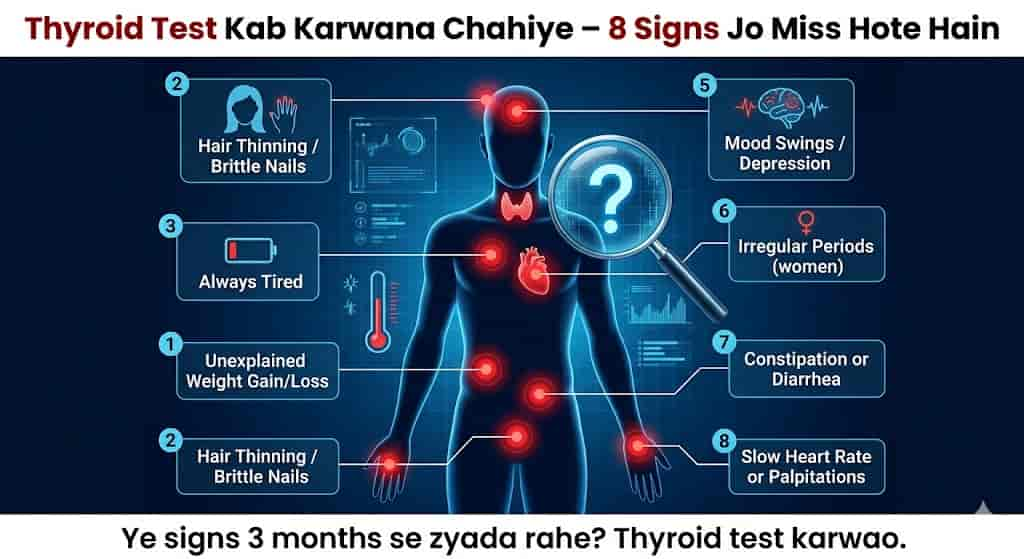 Thyroid Test Kab Karwana Chahiye – 8 Signs Jo Miss Hote Hain” in bold. Bottom text: “Ye signs 3 months se zyada rahe? Thyroid test karwao.” Style: 3D medical illustration, dramatic red highlights, urgent yet educational.