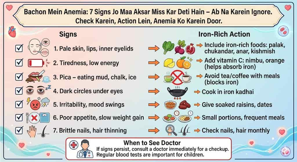 Bachon mein anemia ke 7 signs — thakaan, pallor, slow growth, pica, frequent infections, concentration issues, saans phoolna — aur blood test guide Hindi mein