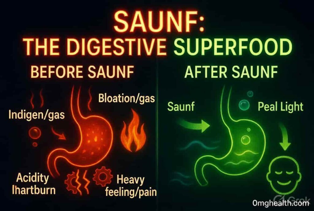 Saunf ke 8 fayde — digestion weight periods blood pressure immunity aankhein infographic
