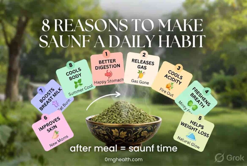 Saunf kaise lein — paani chai roasted mishri daily routine guide infographic Hindi