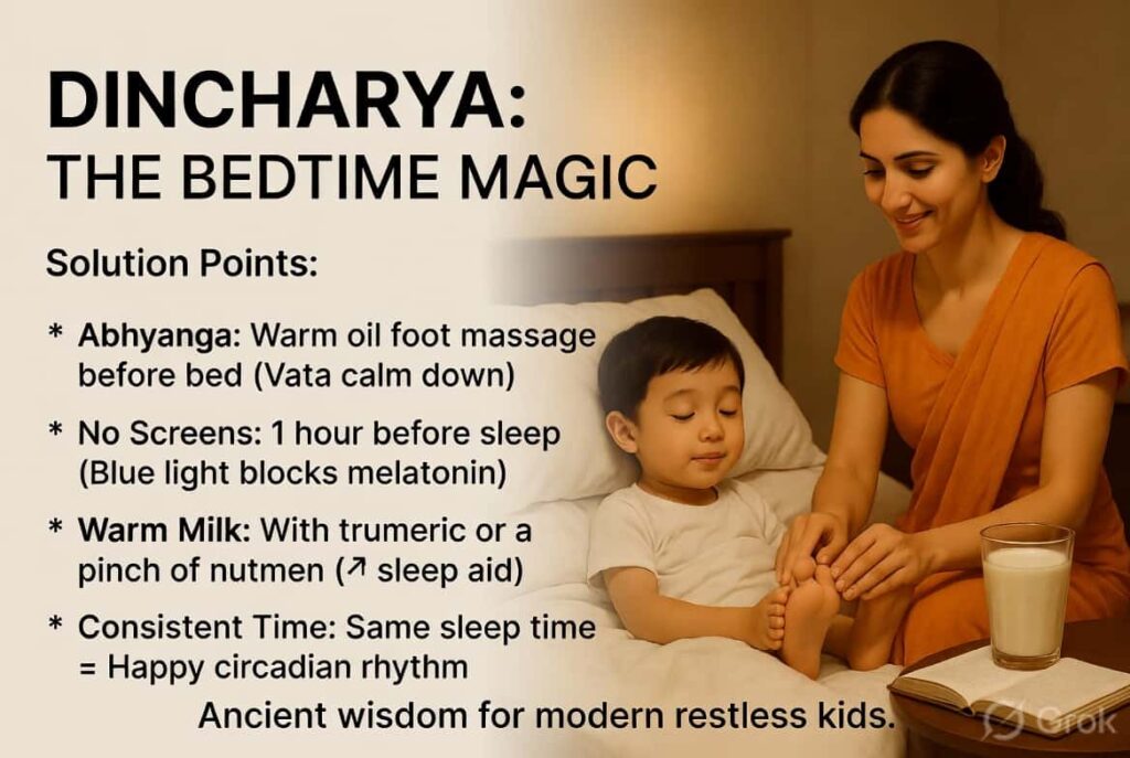 Bachon ki bedtime routine — screen band milk warm bath story reading schedule infographic