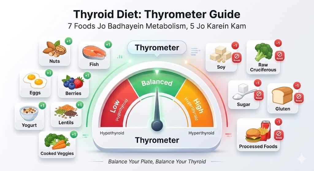 Thyroid diet mein kya khayein kya nahi — selenium, iodine, soy avoid kyun zaroori hai aur medication ke saath timing rules.