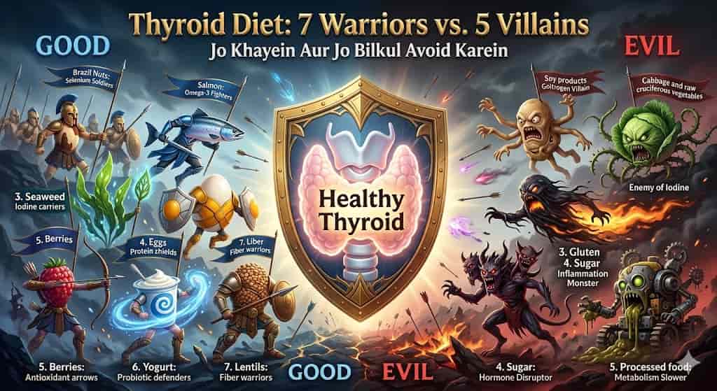Thyroid mein kya khayein kya nahi — 7 foods aur avoid list diet chart Hindi guide