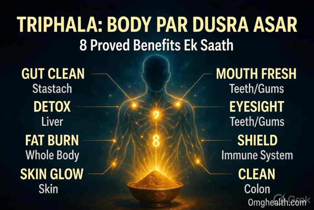 Triphala teen phal — harad baheda amla benefits aur dosha balance infographic