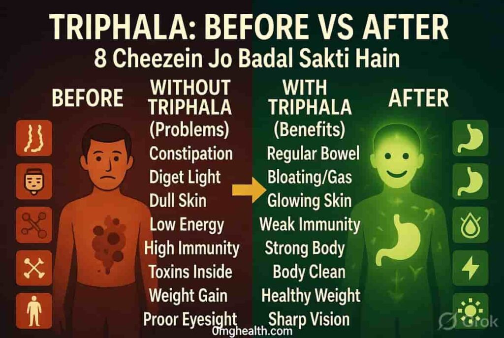 Triphala kaise lein — powder capsule kadha eye wash face pack mouthwash guide infographic