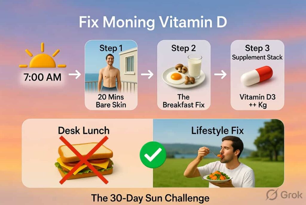 Vitamin D sources — dhoop ka sahi time diet chart eggs fish mushrooms supplement guide Hindi